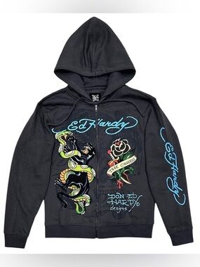 Ed Hardy Charcoal Snake Panther Tattoo Zip Graphic Hoodie | Size XL